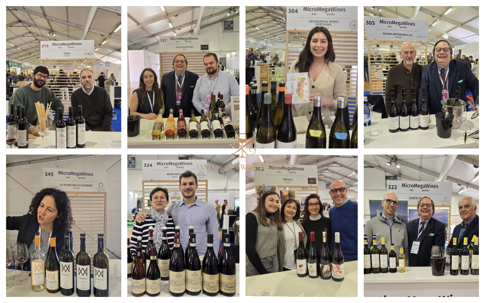 People at MicroMegaWines booth in 2025 wine exhibition, showcasing Italian small winery wines（2025 葡萄酒展会中，人们在 MicroMegaWines 展位，展示意大利小型酒庄葡萄酒 ）