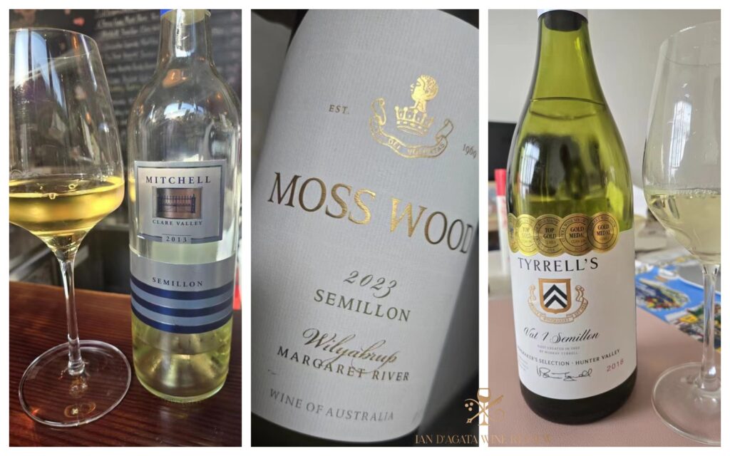 Three Australian Semillon wine bottles & glasses: Mitchell, Moss Wood, Tyrrell's（三瓶澳大利亚赛美蓉葡萄酒及酒杯：米切尔、莫斯伍德、泰瑞尔 ）