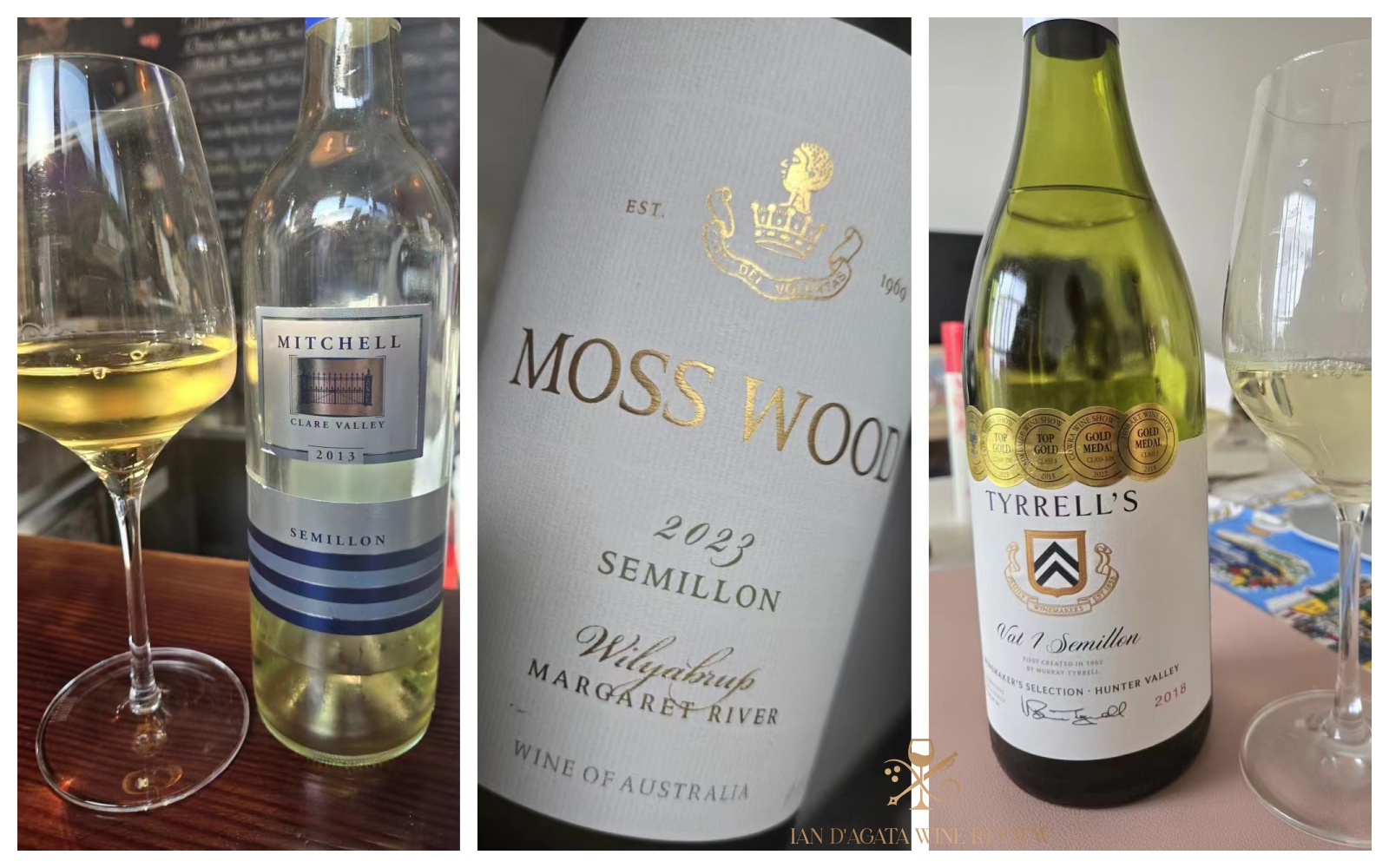 Three Australian Semillon wine bottles & glasses: Mitchell, Moss Wood, Tyrrell's（三瓶澳大利亚赛美蓉葡萄酒及酒杯：米切尔、莫斯伍德、泰瑞尔 ）