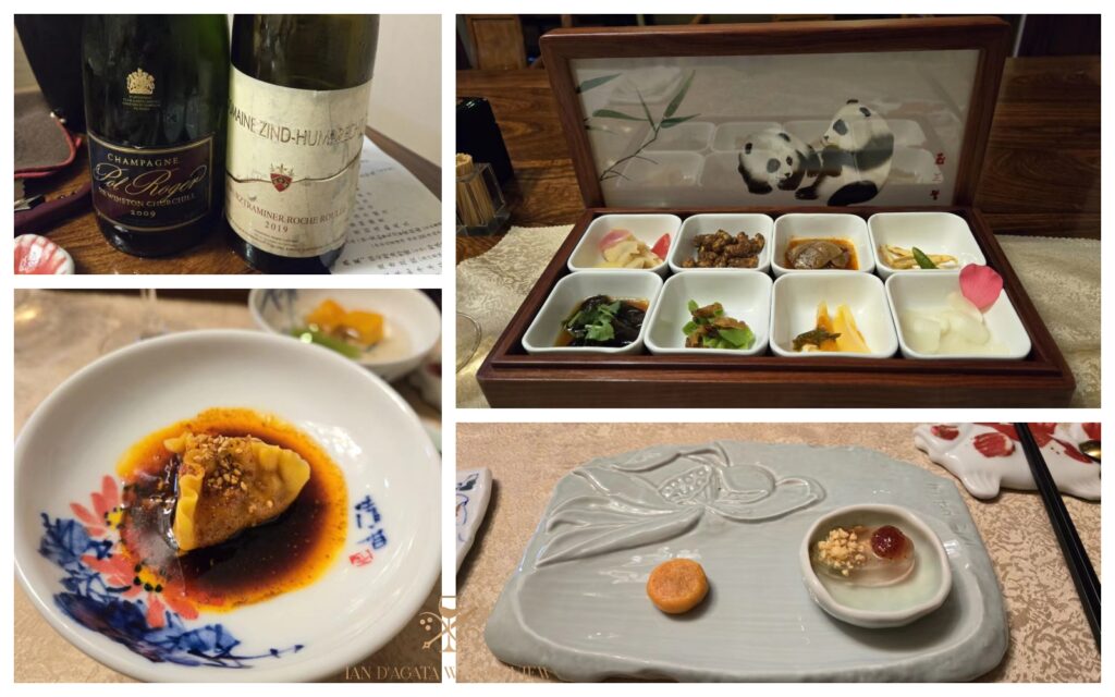 餐食与美酒交织出的盛宴， 香槟与阿尔萨斯名庄白葡萄酒开启味觉序章，精致食盒里多样小菜各展风味，浇汁蒸饺裹着浓郁酱香，还有造型别致的餐后小食收尾。
